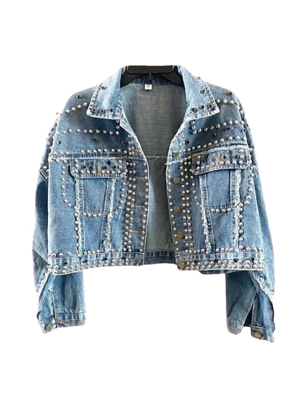 Studded Rhinestone Denim Jacket Western Glam Cropped Jean Jacket Blue